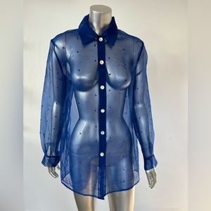 Blue organza blouse sheer button down womens 10 Russel Kemp collection